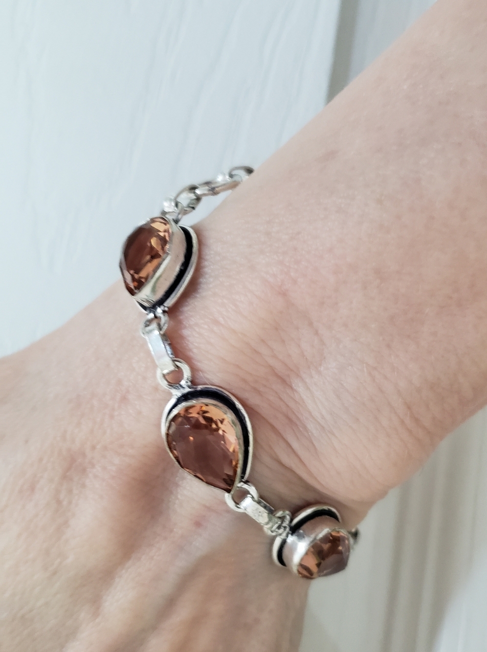 NEW, Peach Morganite Bracelet, Silver & Faceted Teardrop Stones, 8" Artisan Made - Picture 3 of 7